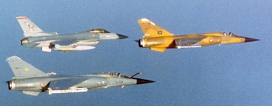 A 401TFW F-16 with Qatar Emiri Air Force and French Air Force Mirage F.1's